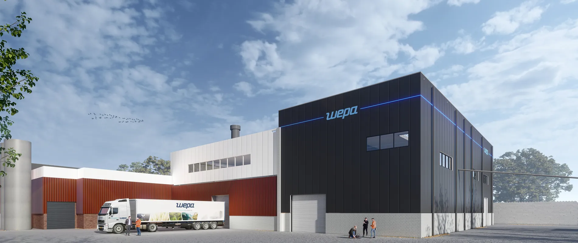 Het WEPA gebouw met op de voorgrond een vrachtwagen van WEPA en meerdere mensen.