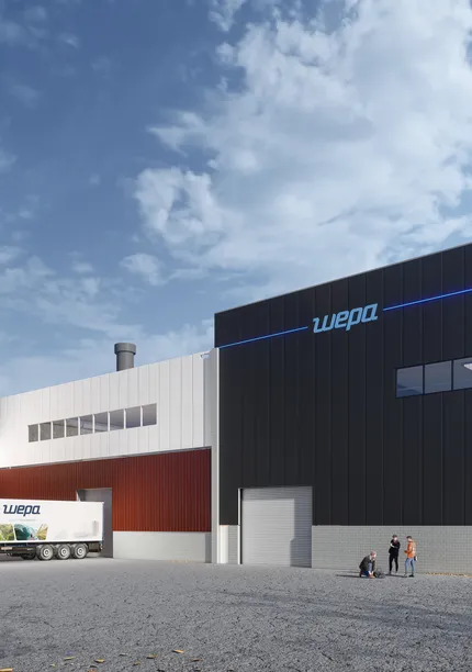 Het WEPA gebouw met op de voorgrond een vrachtwagen van WEPA en meerdere mensen.