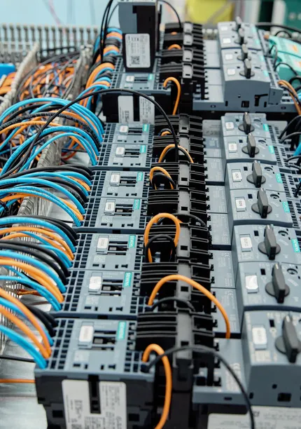 Overzicht van een complexe regelkast met Siemens componenten, netwerkinfrastructuur en netjes geordende oranje, blauwe en zwarte bekabeling.