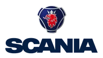 Scania logo featuring a crowned red griffin head inside a blue emblem, with the word "Scania" below.