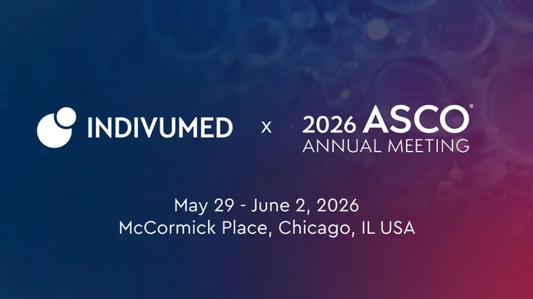 Announcement for INDIVUMED at the 2026 ASCO Annual Meeting, May 29 - June 2, McCormick Place, Chicago, IL, USA, on a blue and purple gradient background.