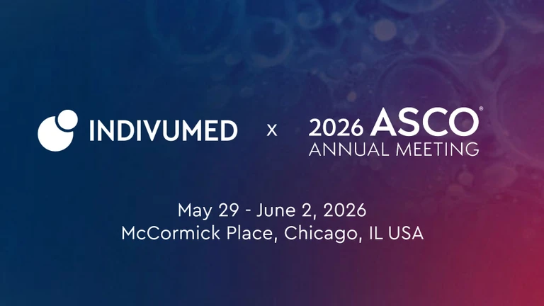 Announcement for INDIVUMED at the 2026 ASCO Annual Meeting, May 29 - June 2, McCormick Place, Chicago, IL, USA, on a blue and purple gradient background.