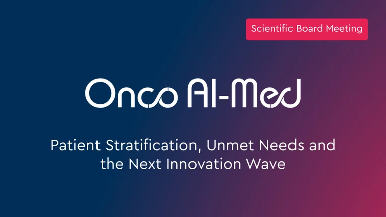 Onco AI-Med logo with text: "Patient Stratification, Unmet Needs and the Next Innovation Wave" and "Scientific Board Meeting" in a red box.