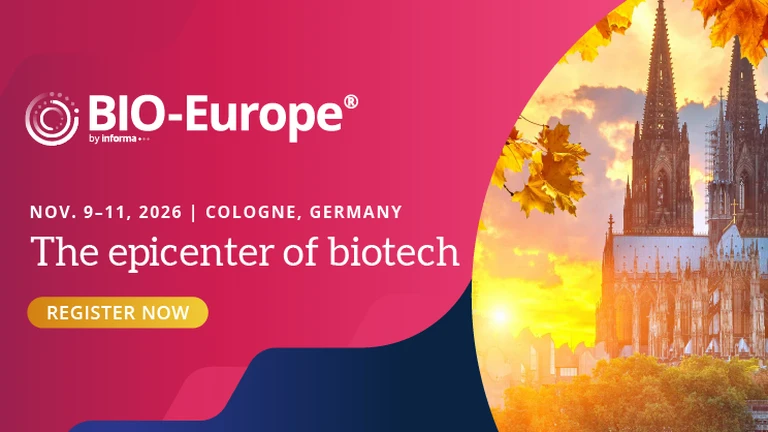 Promotional image for BIO-Europe event in Cologne, Germany from Nov. 9-11, 2026, featuring Cologne Cathedral and autumn leaves with a sunset backdrop.