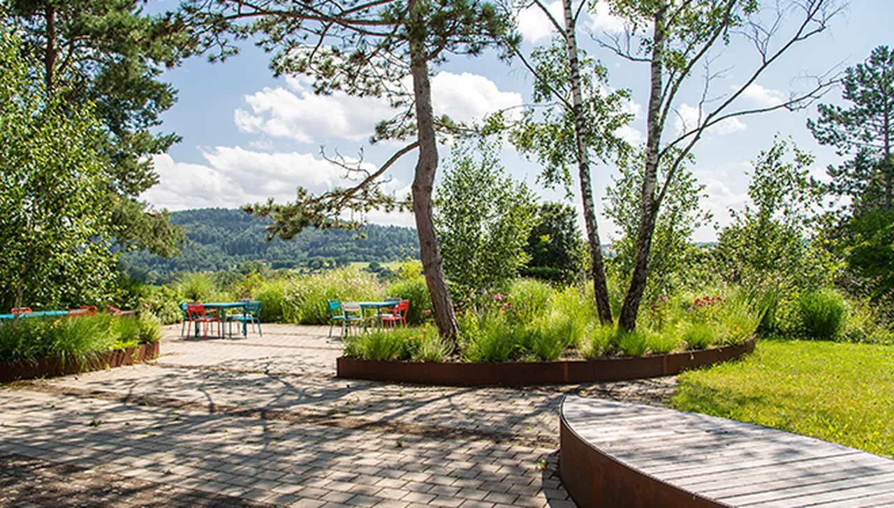 Sonniger Platz der Begegnung im Hegau-Jugendwerk mit Sitzmöglichkeiten, Kiefern und Blick in Richtung Schweiz.