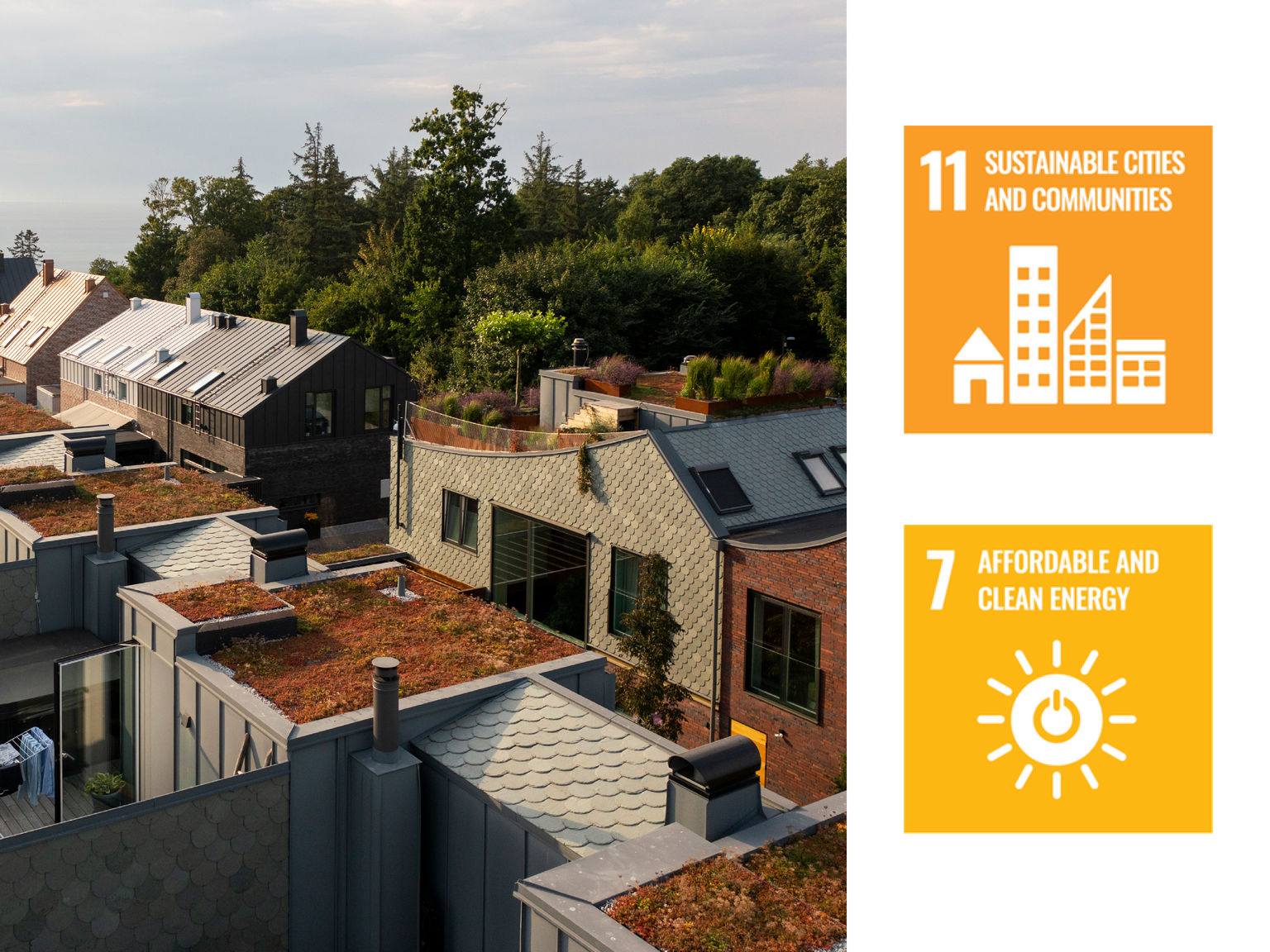 Das Bild zeigt ein Dach aus Blech und Sedum sowie die Symbole der Agenda 2030, Ziel 7: Bezahlbare und saubere Energie, und Ziel 11: Nachhaltige Städte und Gemeinden.