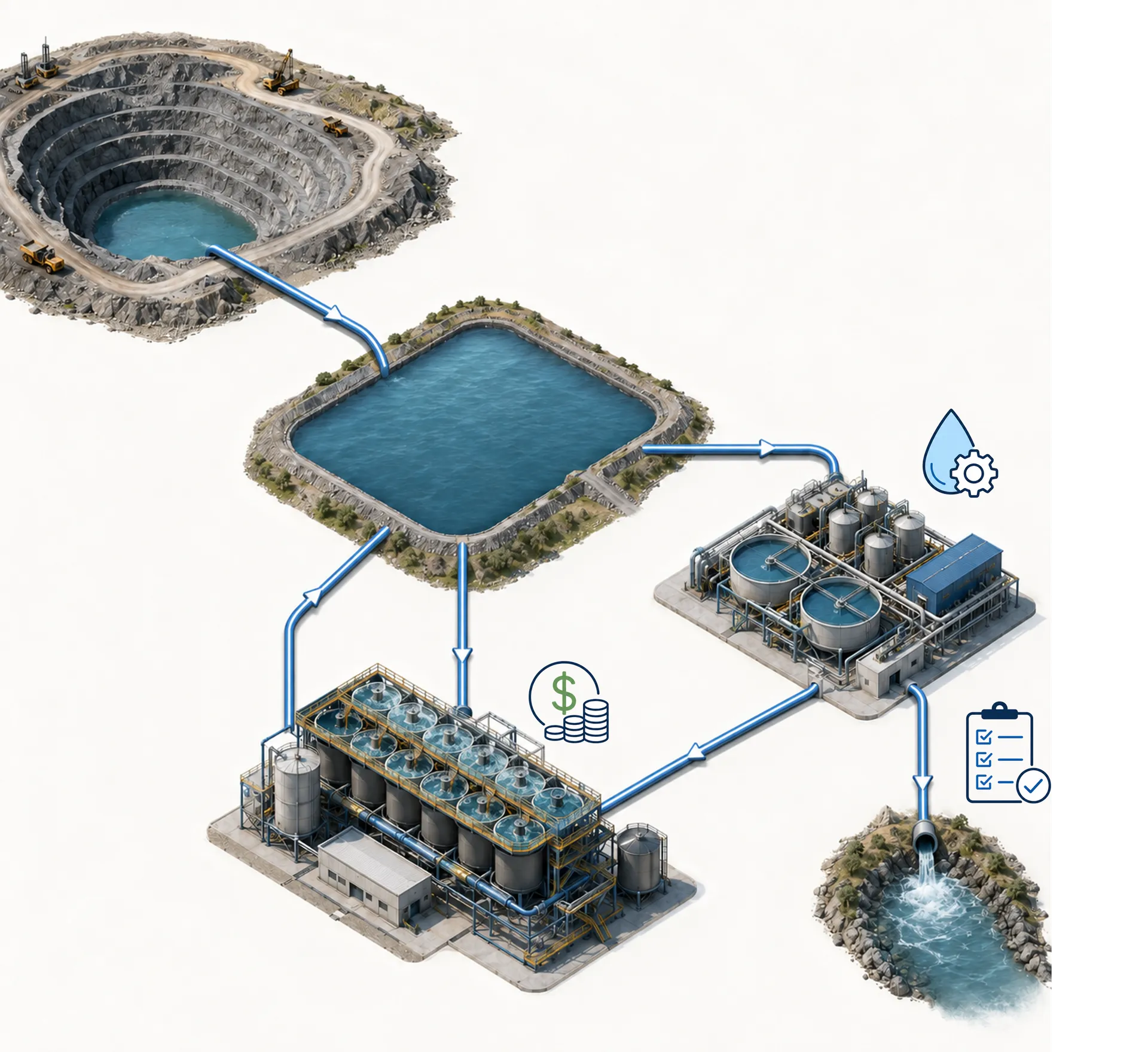 Diagram showing a water management cycle from a mine to processing plants, involving filtration and recycling, depicted with icons and arrows.