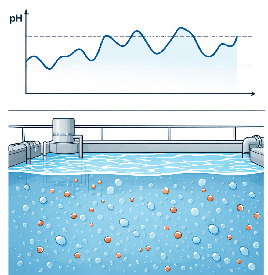 split illustration showing water treatment monitoring: top shows simple pH graph changing, bottom shows dissolved metal ions in water