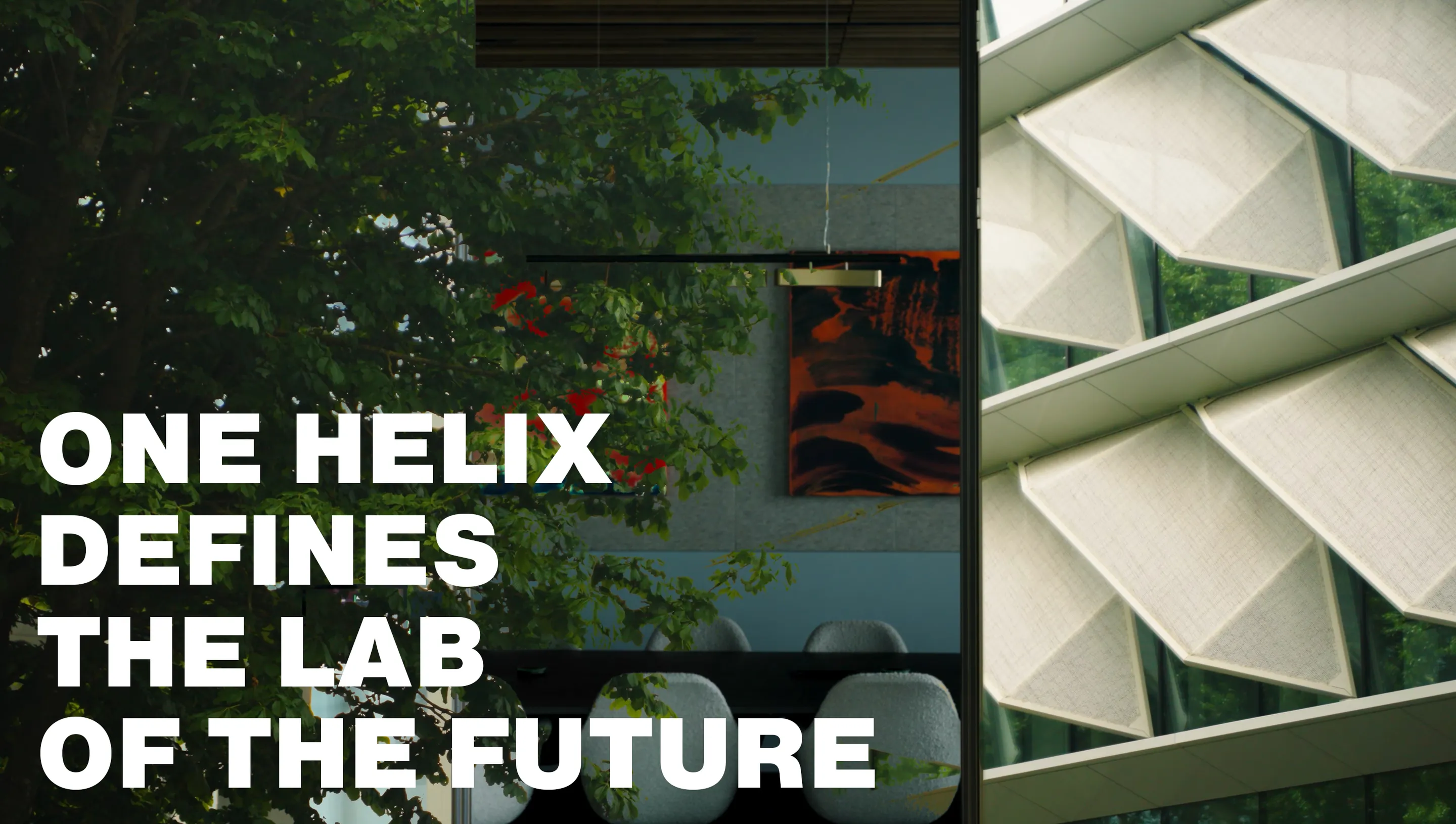 Text "One helix defines the lab of the future" overlaid on a split image of modern architecture and tree reflection.