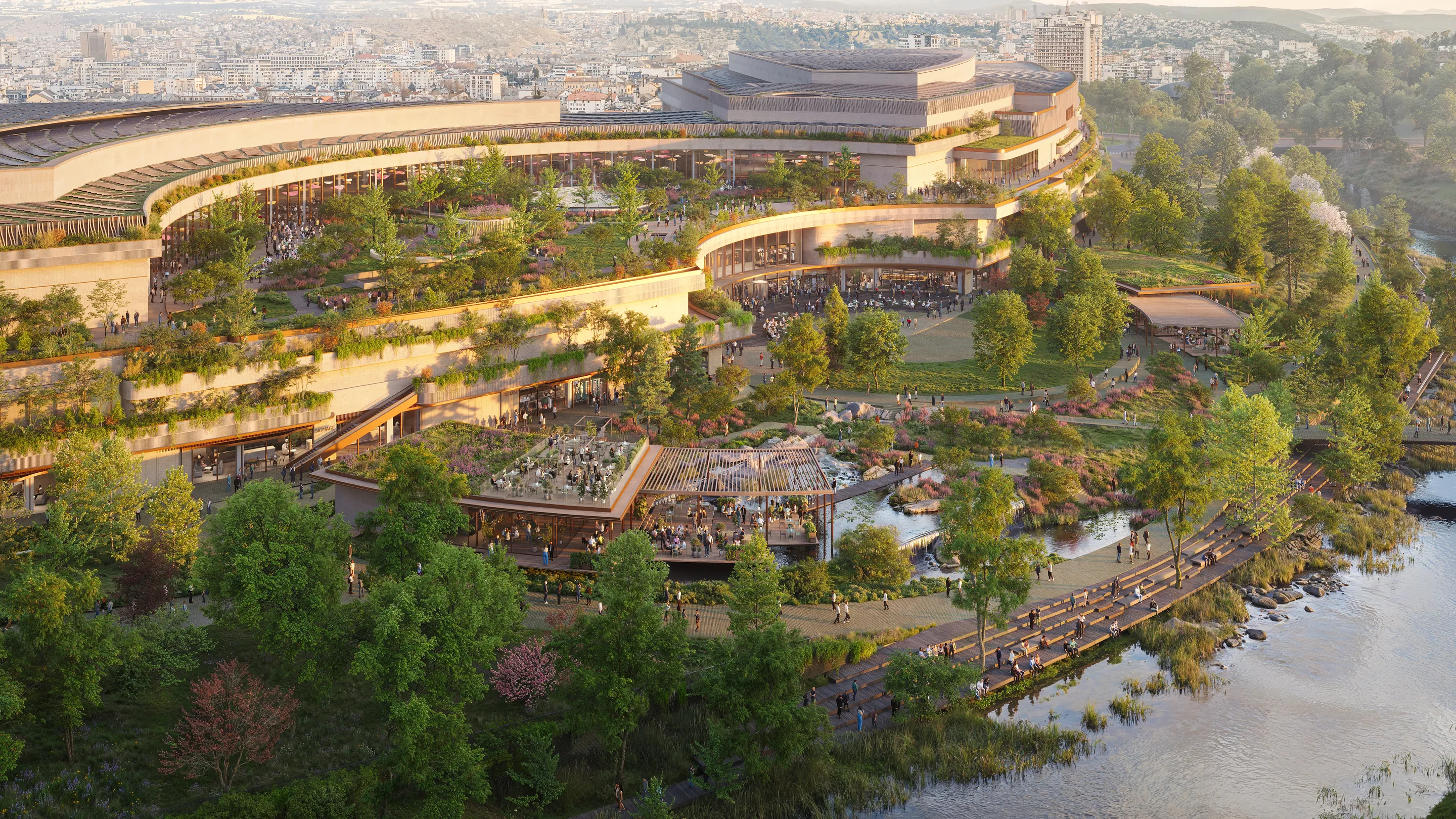 Futuristic, eco-friendly building complex surrounded by lush greenery, pathways, and a river, integrating nature with modern architecture.