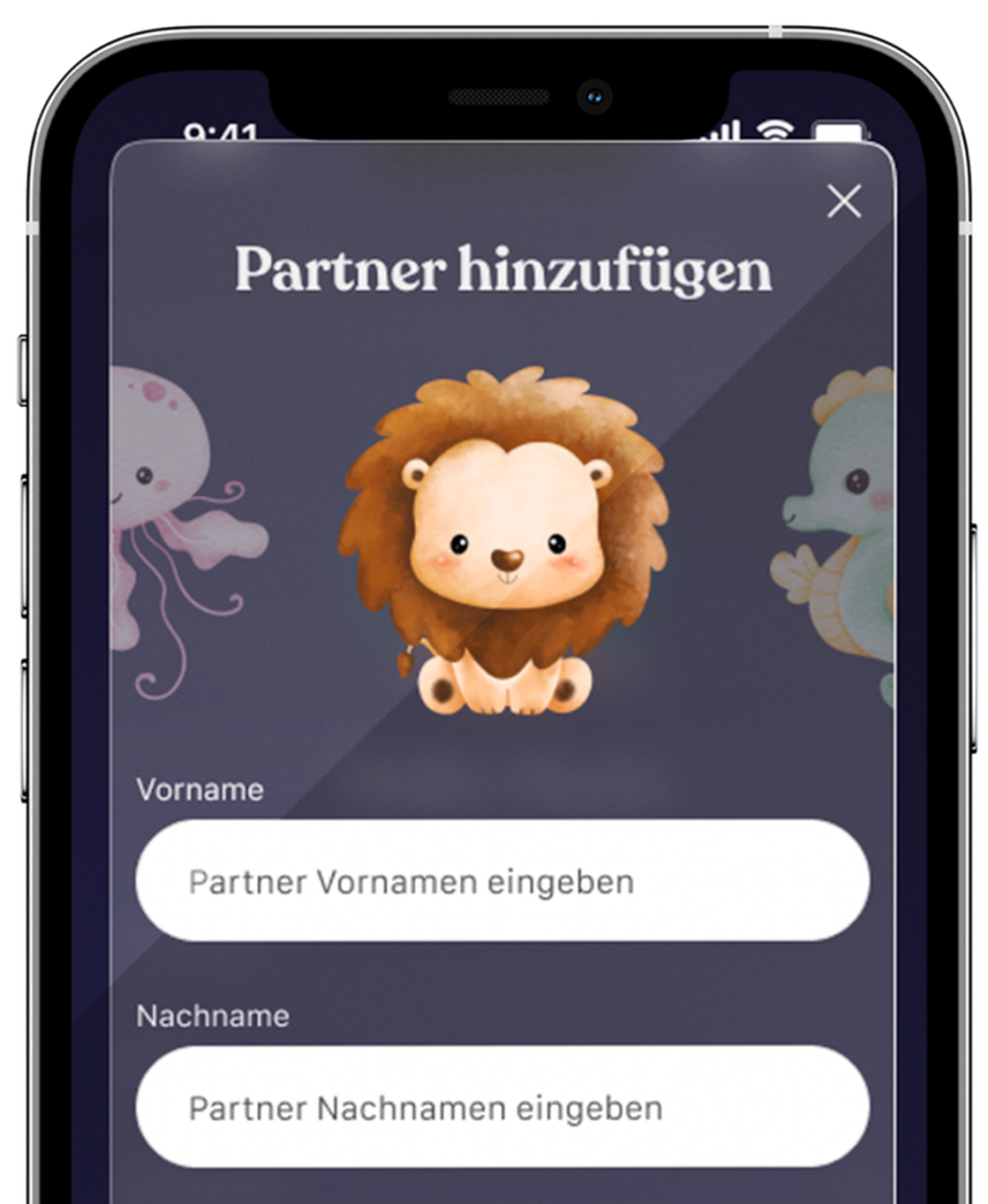 Formular zum Hinzufügen eines Partners mit Feldern für Vor- und Nachname. Im Hintergrund befinden sich kindgerechte Illustrationen: ein Löwe, eine Qualle und ein Seepferdchen vor einem violetten Hintergrund.