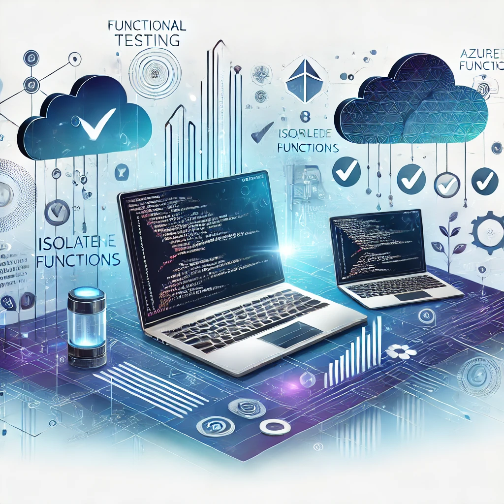 A futuristic image showing laptops and clouds and the words 'Functional Testing'