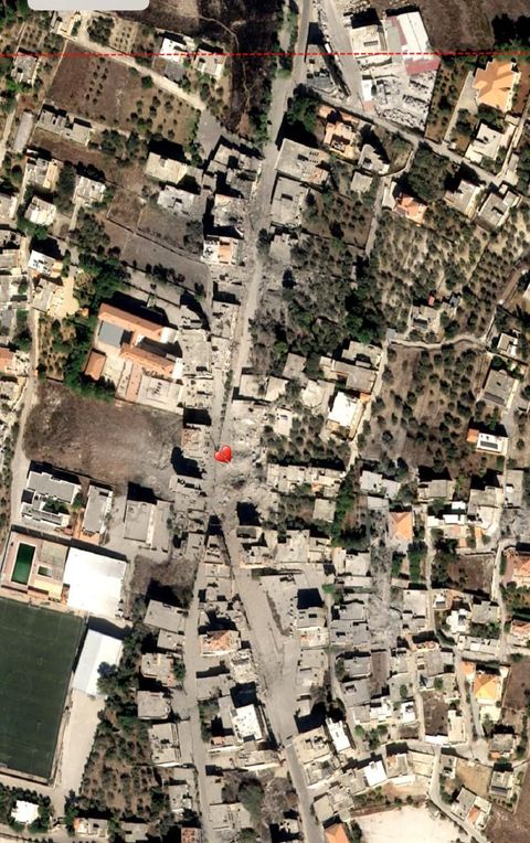 A satellite image of Bint Jbeil, with a broken heart marking the spot where Zahraa’s home once stood. She added the broken heart and posted the picture on social media.