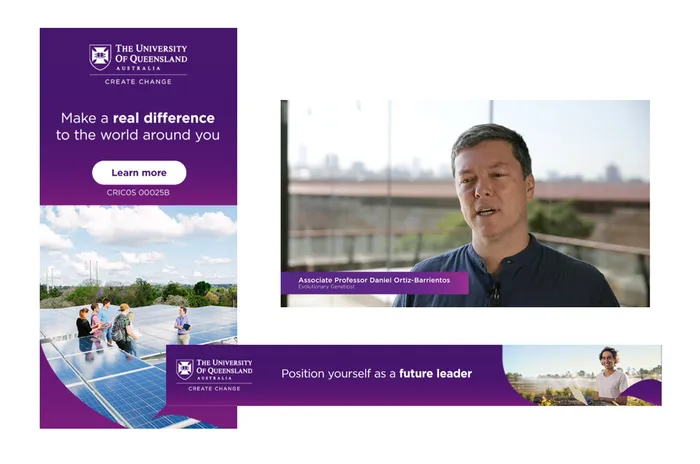 University of Queensland banners featuring a professor speaking, students on solar panels, and text promoting leadership and making a difference.
