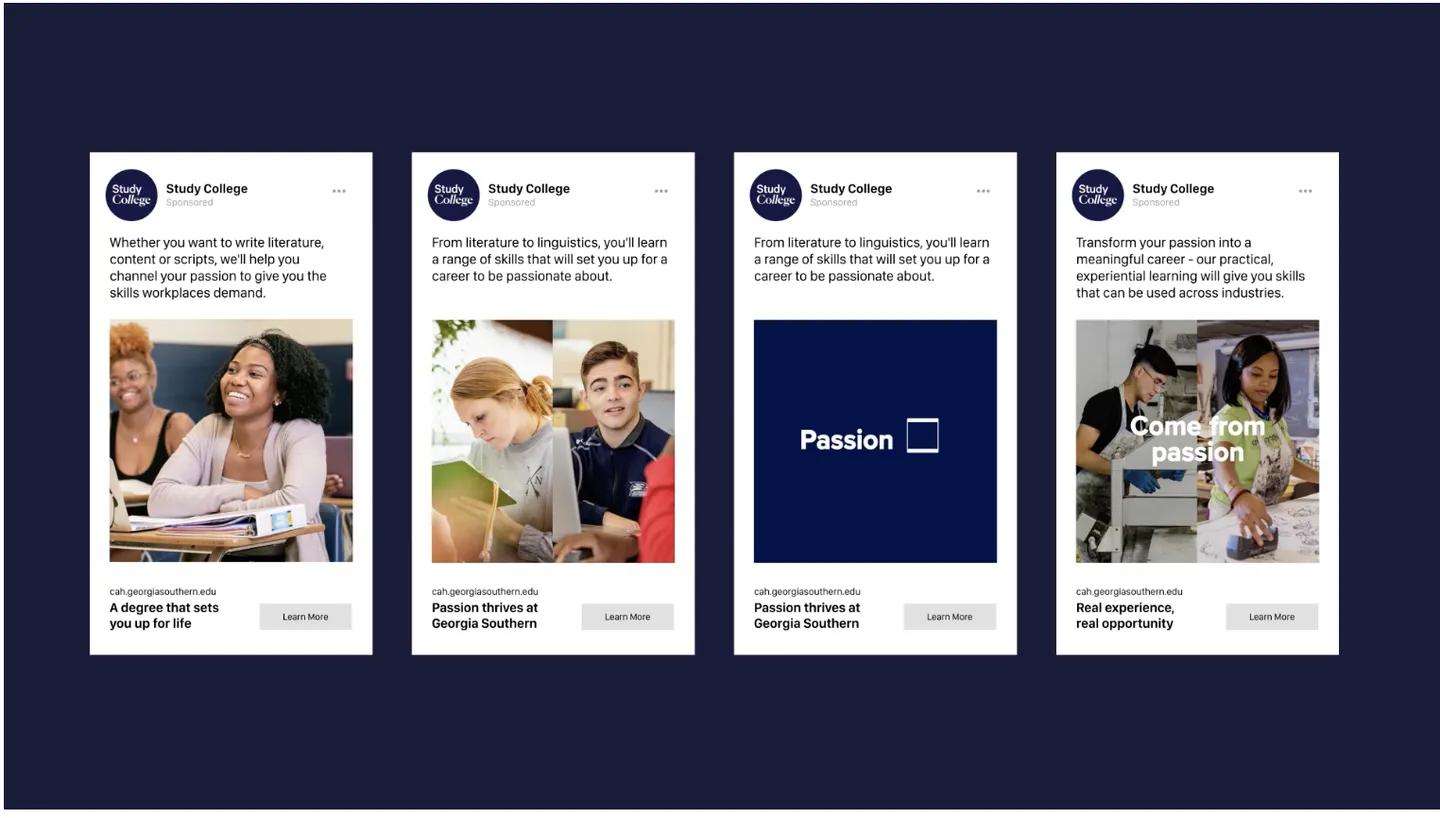 Four educational social media posts from Study College, featuring diverse students studying and promoting passion and real-world skills.
