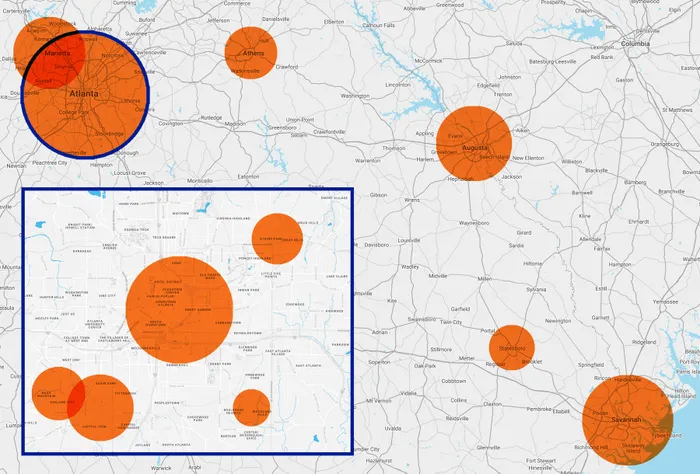 Map highlighting Atlanta with large orange circles