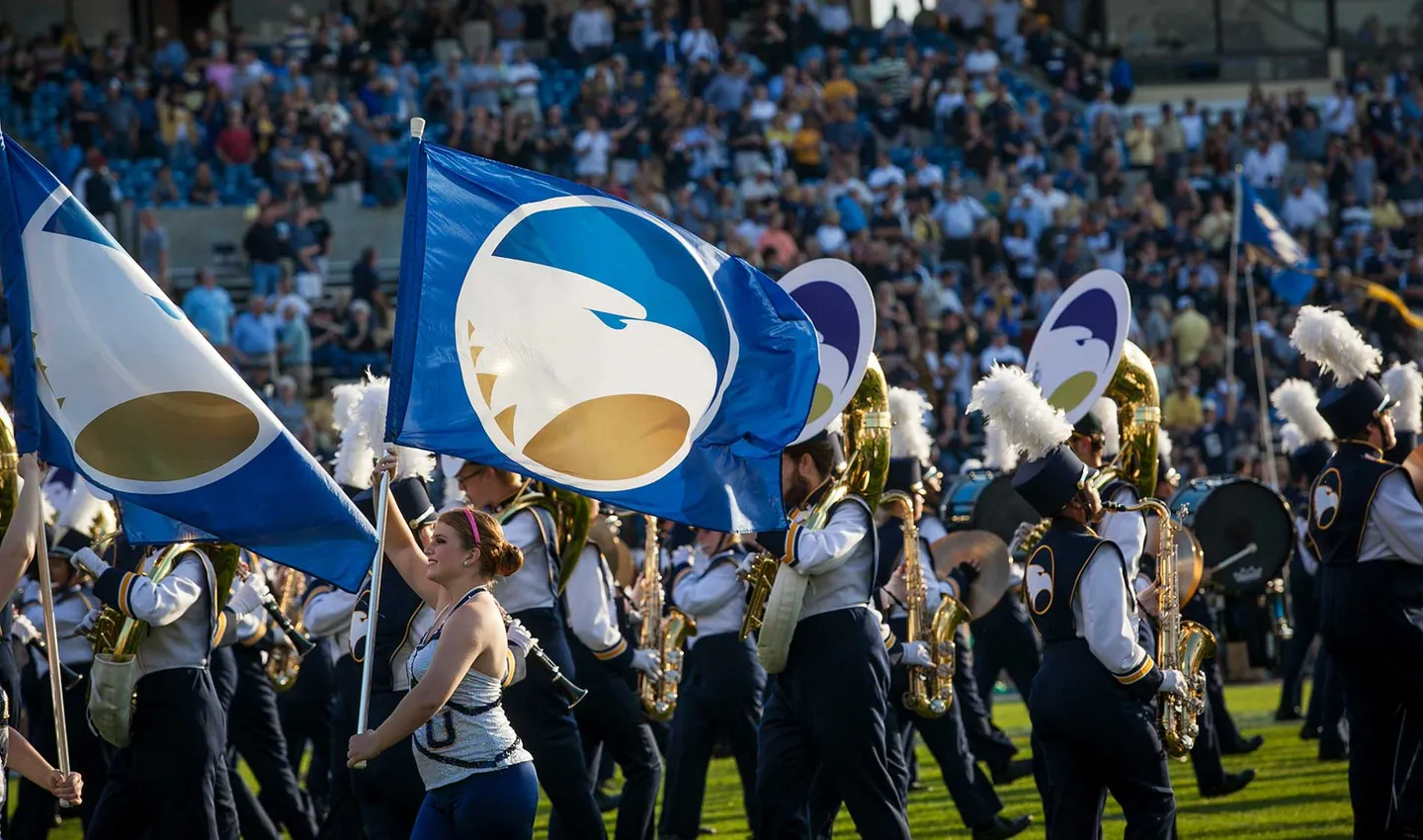 Marching band performs on a field