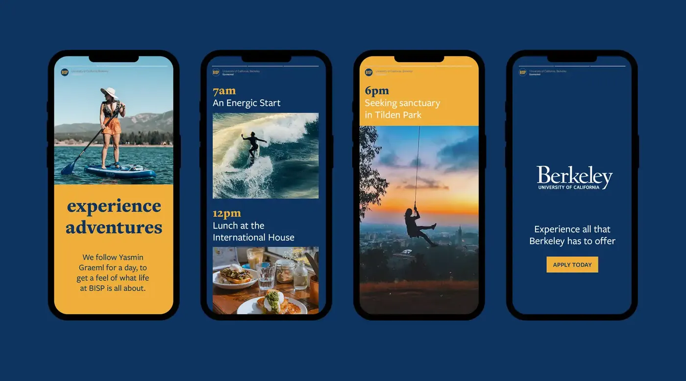 Four smartphone screens showing images of outdoor activities