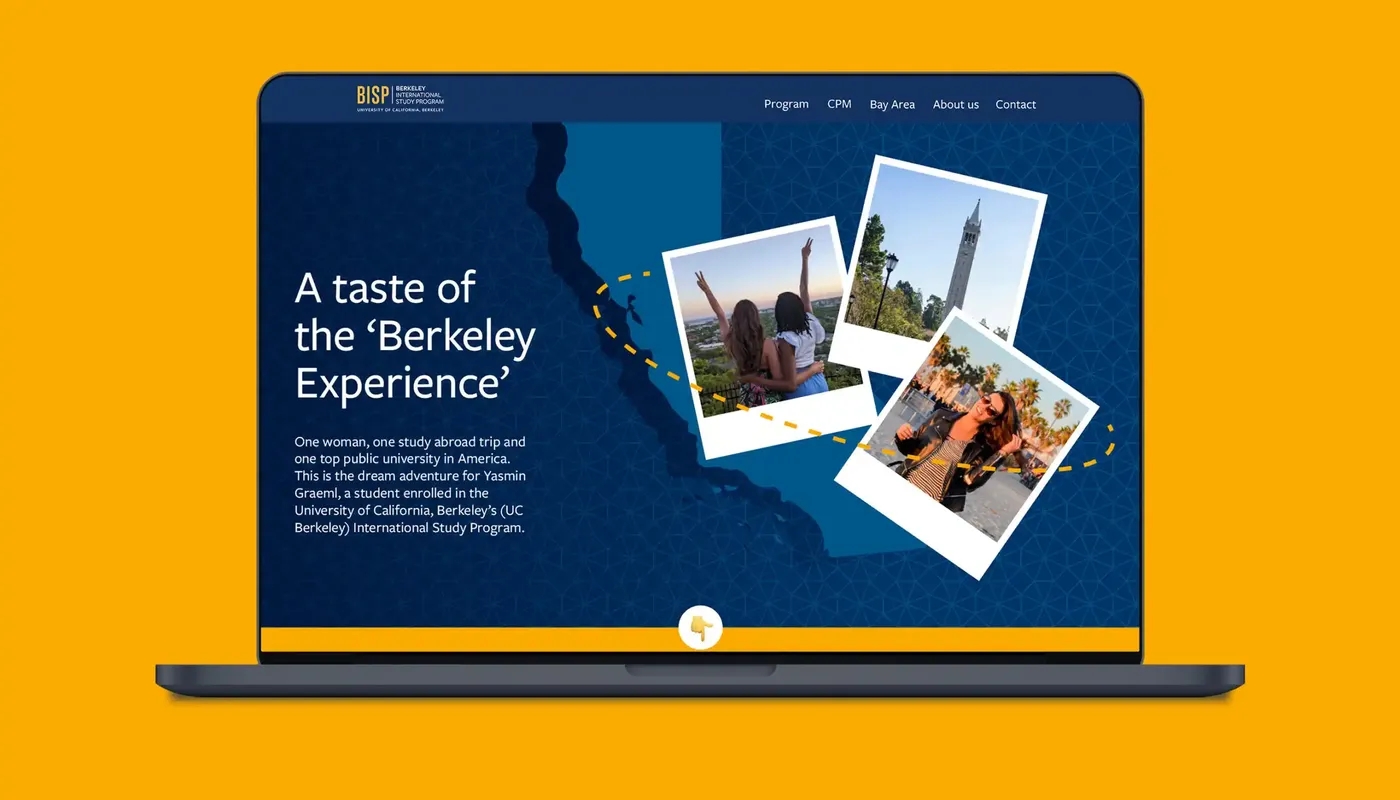 Laptop screen displaying a webpage with a map, text about the "Berkeley Experience," and three travel photos on a blue and yellow background.