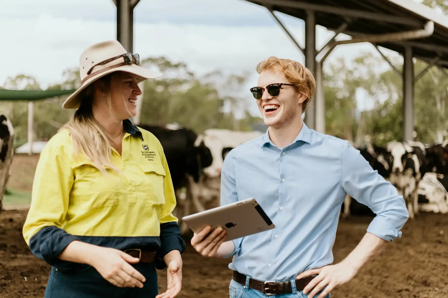 Two people in casual attire stand outdoors, smiling and holding a tablet. Cows are in the background under a shelter.