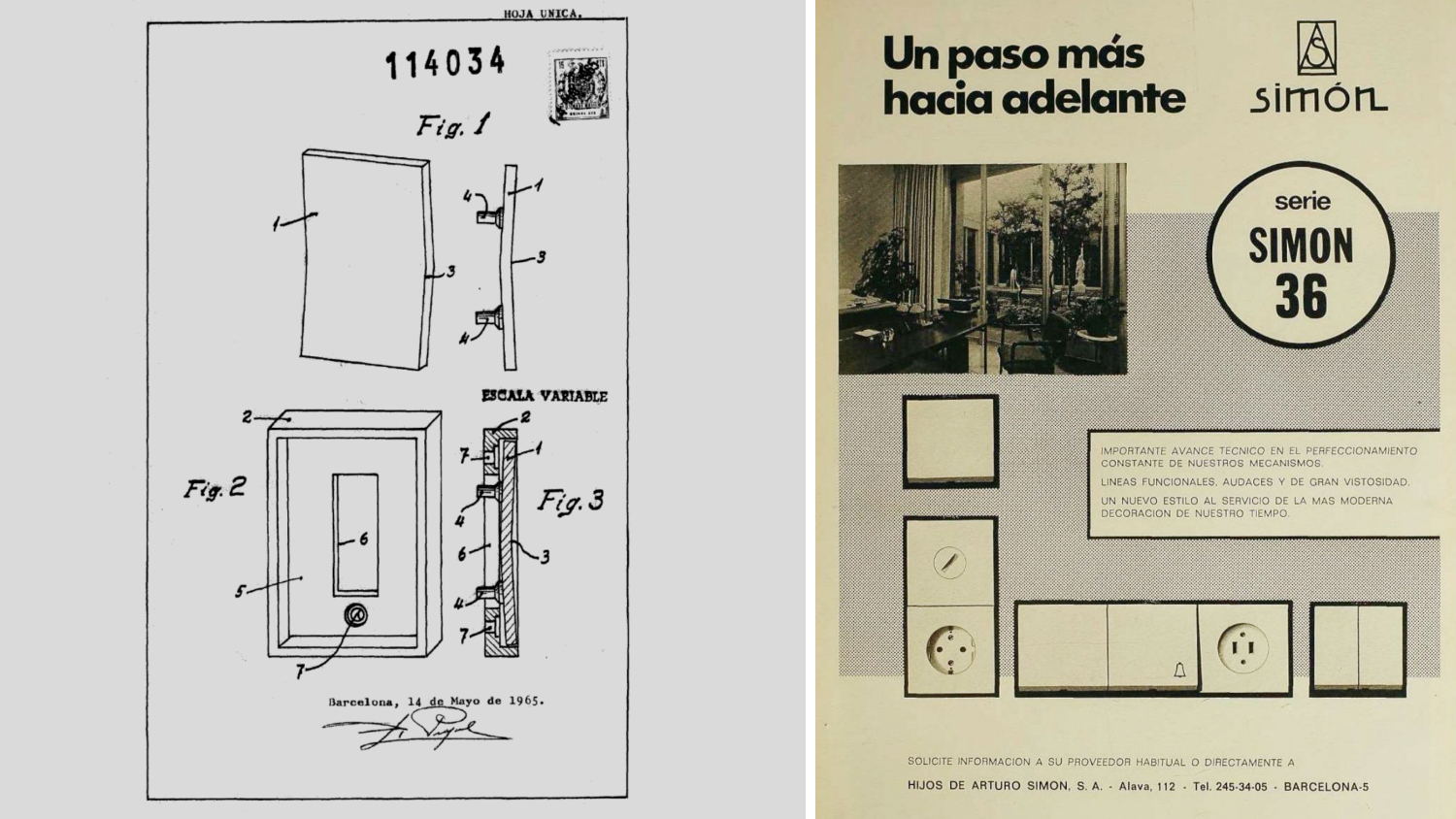 Izquierda: Modelo de utilidad industrial firmado el 11 de octubre de 1968. Derecha: Primer producto industrial anunciado en la revista del Colegio de Aparejadores.