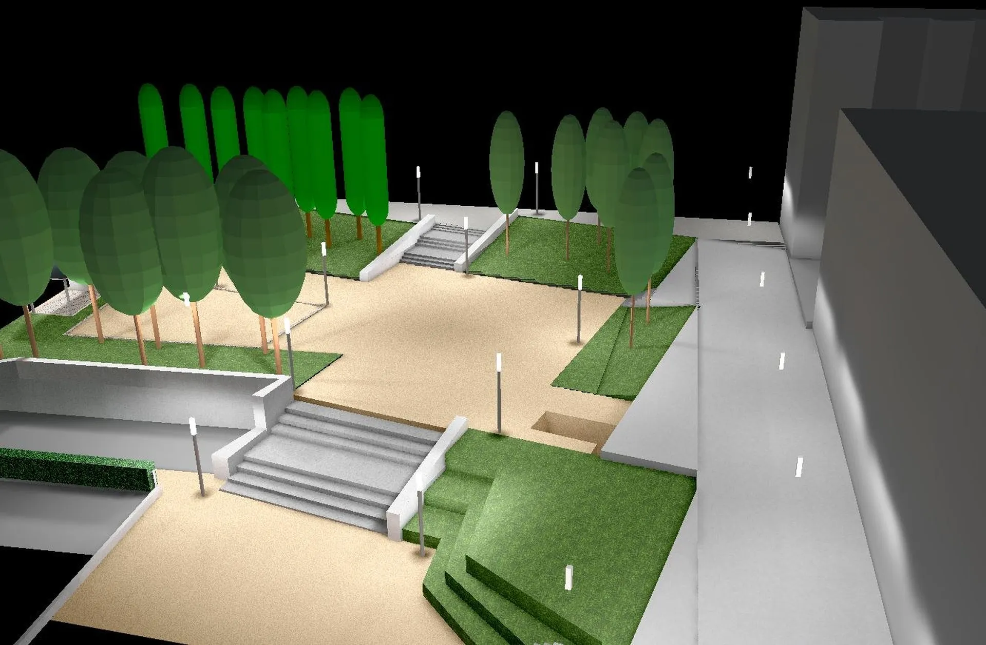 Render 3D nocturno de plaza urbana iluminada con columnas Simon Kuma