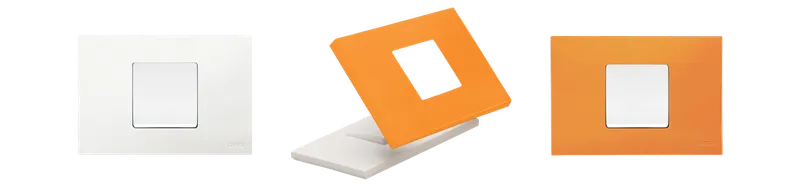 Simon 27 Play interchangeable covers and keys — banner with three variants (white, orange in perspective, orange flat)