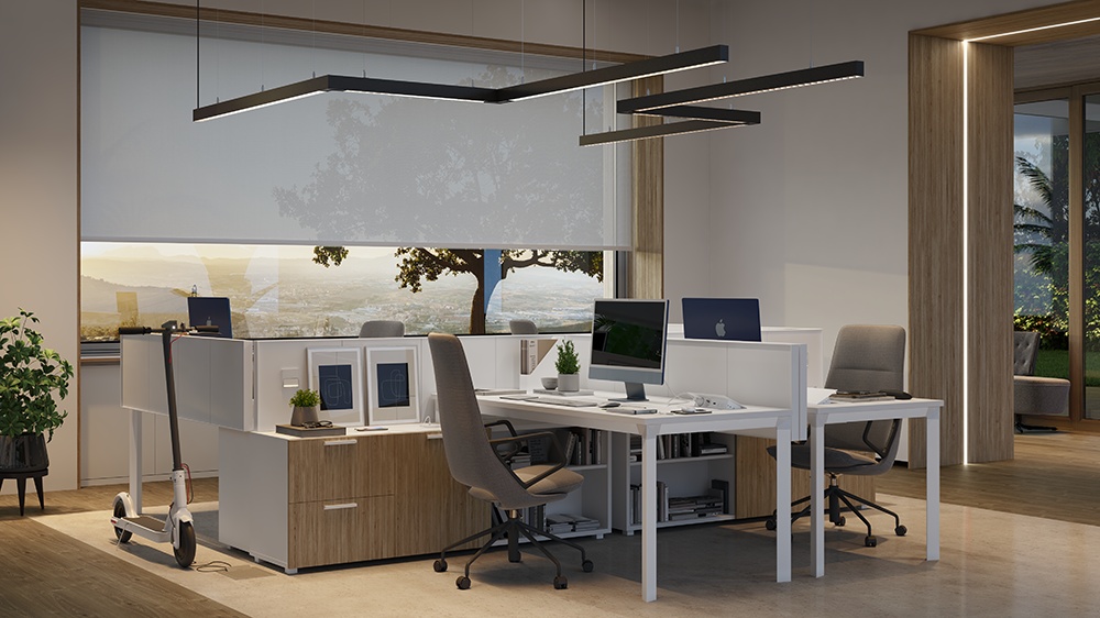 Collaborative office with iMacs and black Simon 860 in Y trace