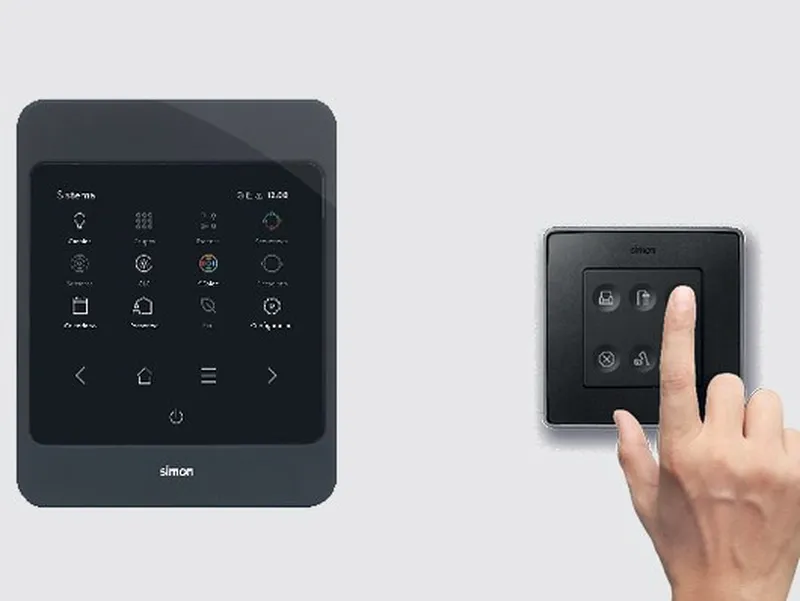 Simon Scena tablet (left) and Simon Sense button panel with hand pressing it (right)