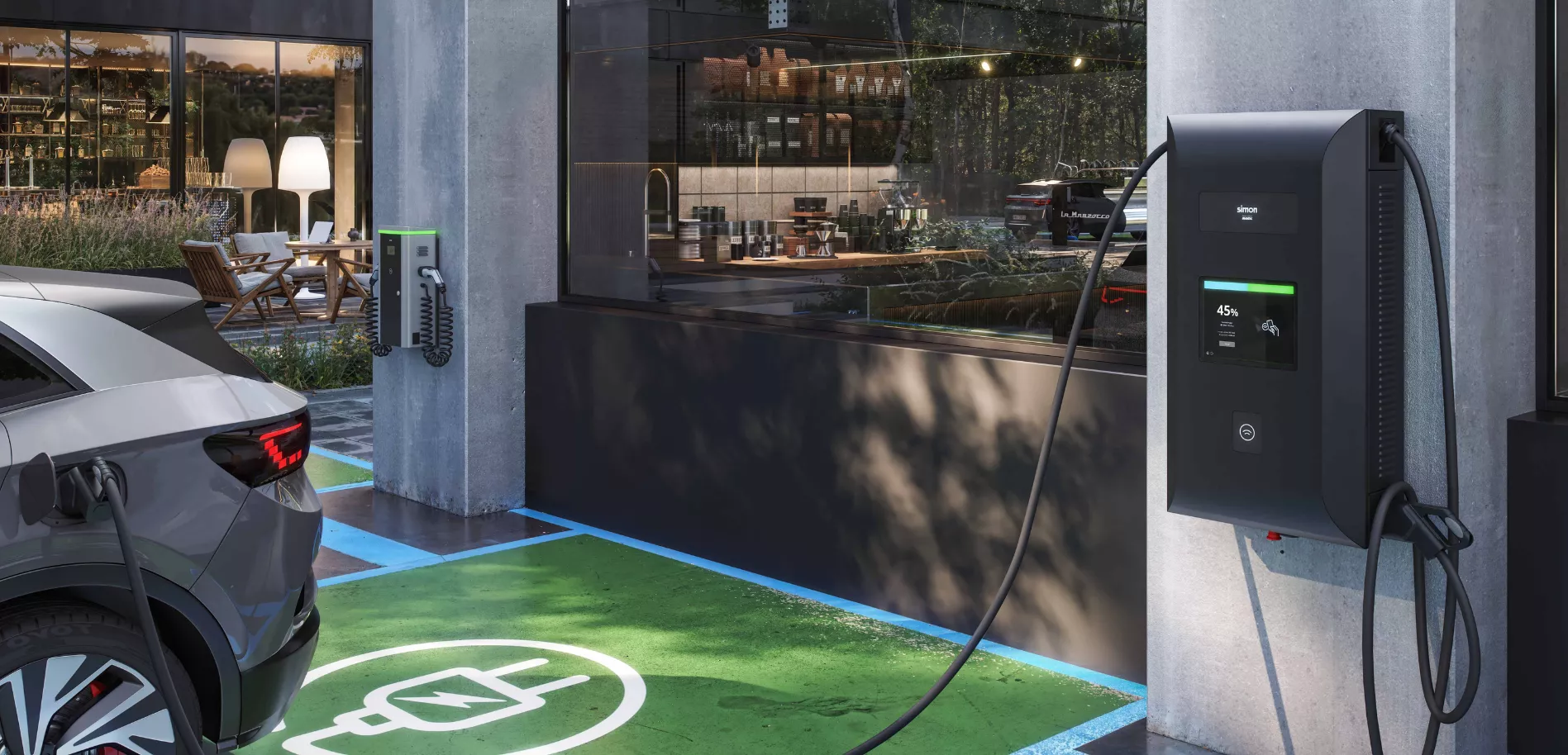Electric vehicle connected to Simon Argon charger in urban public space