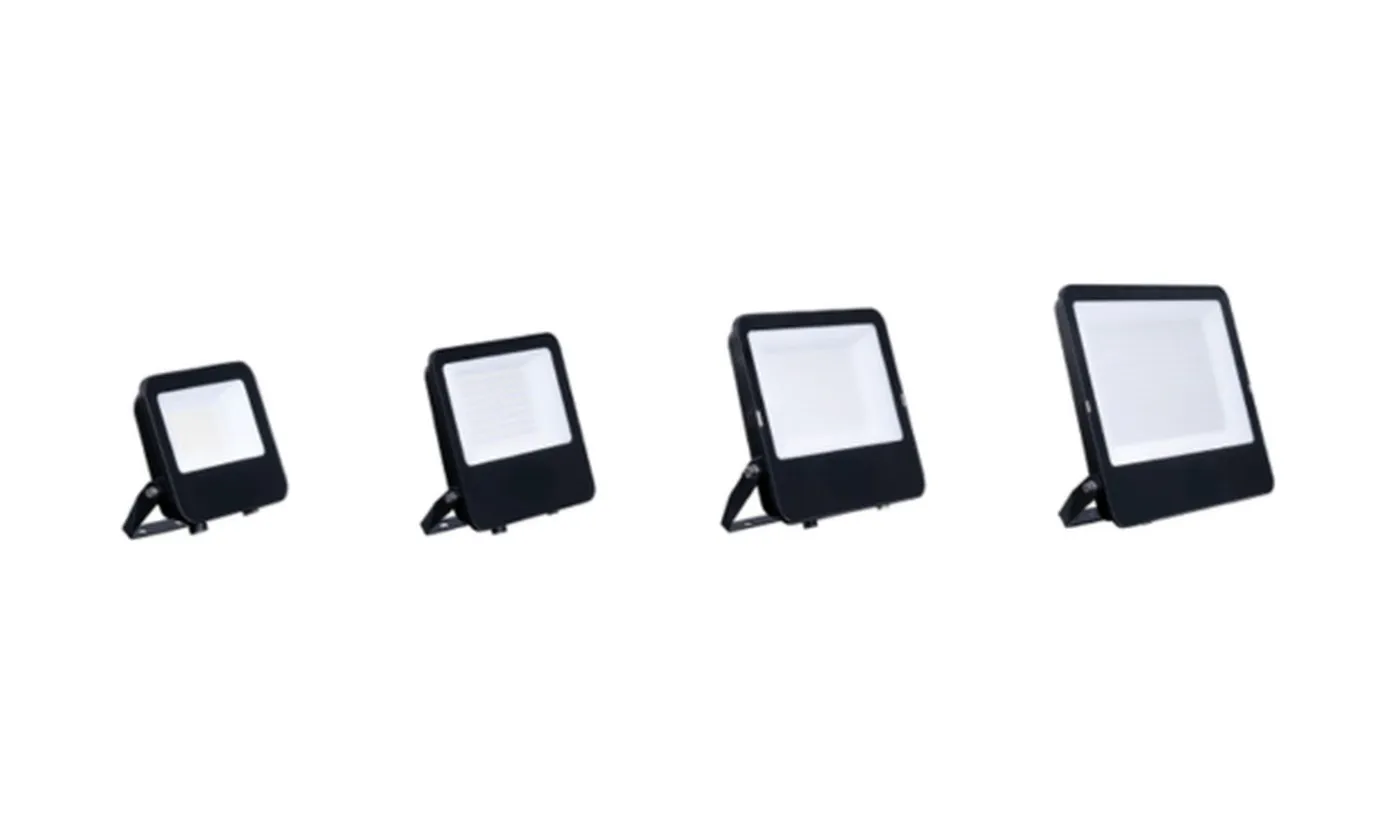 Simon 889 complete range of IP65 LED projectors in four sizes on white background