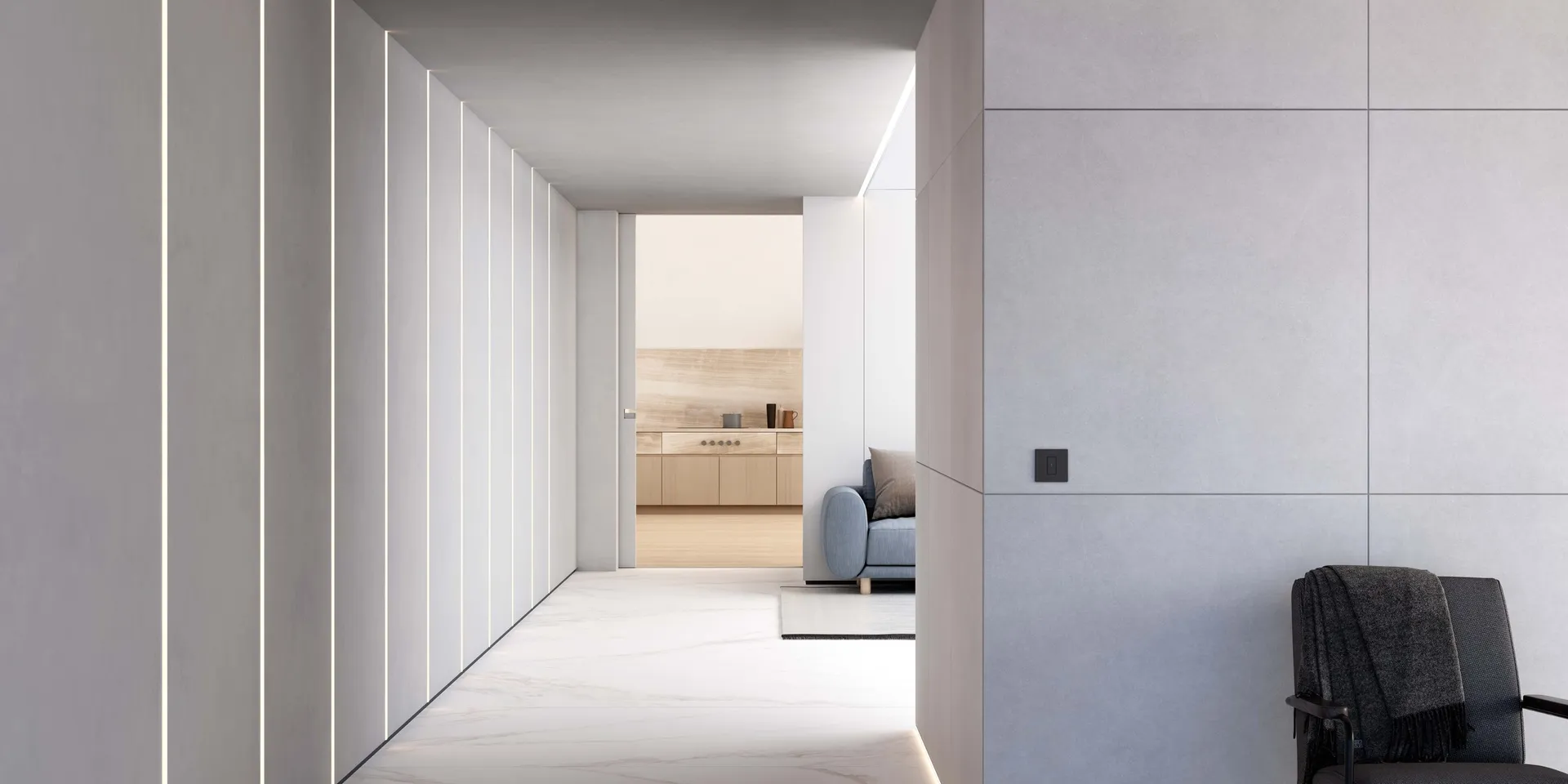 White retail corridor with upholstered armchair and Simon 810 LED line on the ceiling