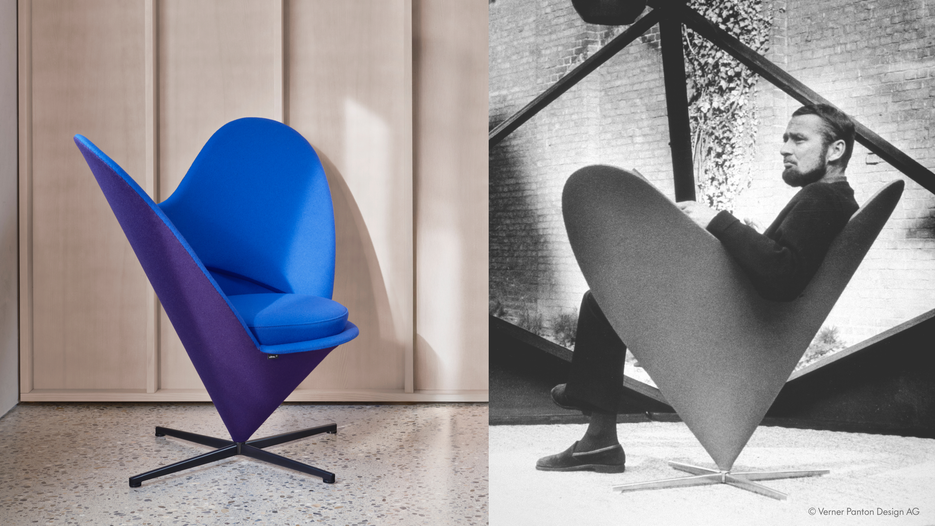 Reediciones historicas_1500_844_1 Izquierda: Edición limitada de la Heart Cone Chair en una versión de dos tonos diseñada para celebrar el que habría sido el cumpleaños número 100 de Verner Panton en 2026. ©Vitra. Derecha: Verner Panton sentado en la Heart Cone Chair. ©Vitra