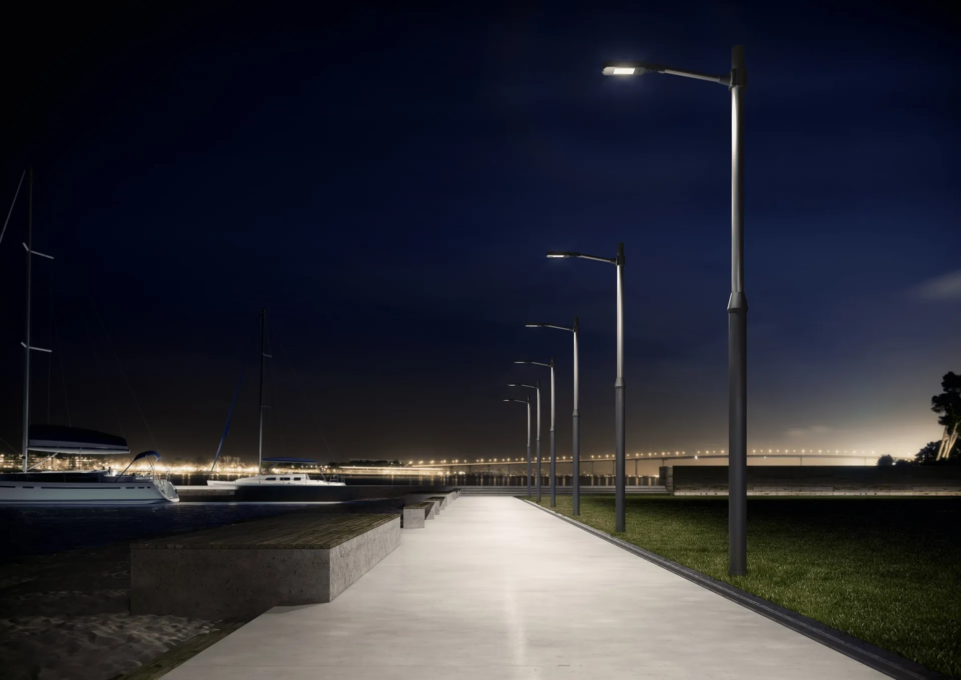Simon Nath S Istanium LED road luminaire installed on a seaside promenade at night