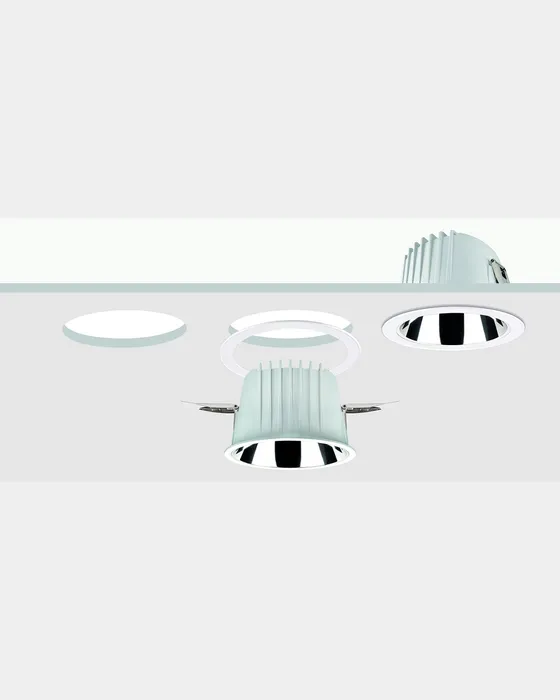 Three Simon 800 downlights mounted on a technical ceiling with different frame diameters — extended frame option