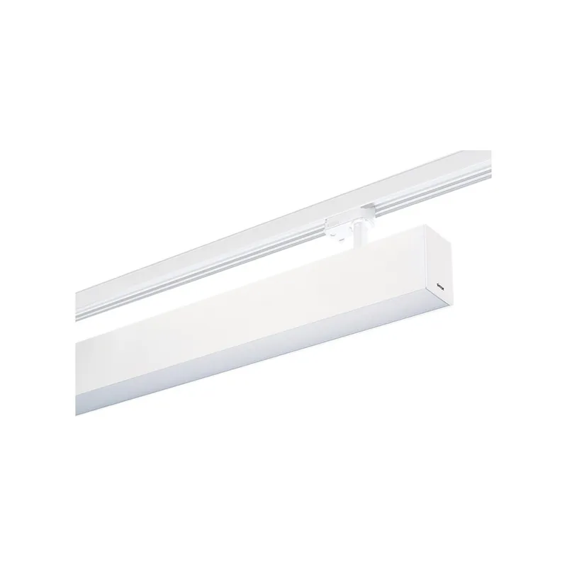 White Simon 818 linear luminaire mounted on three-phase track in close-up detail
