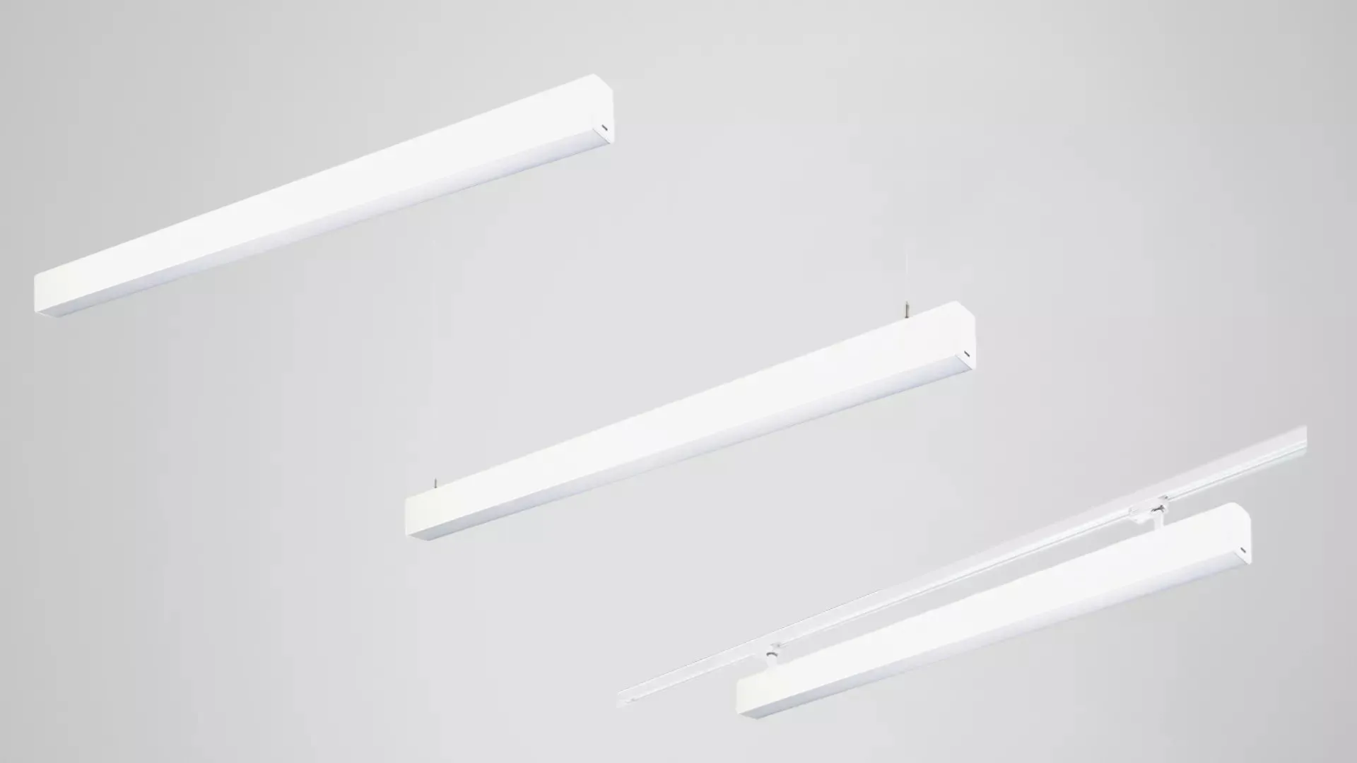 Four white Simon 818 linear luminaires suspended against neutral grey background showing different installation angles