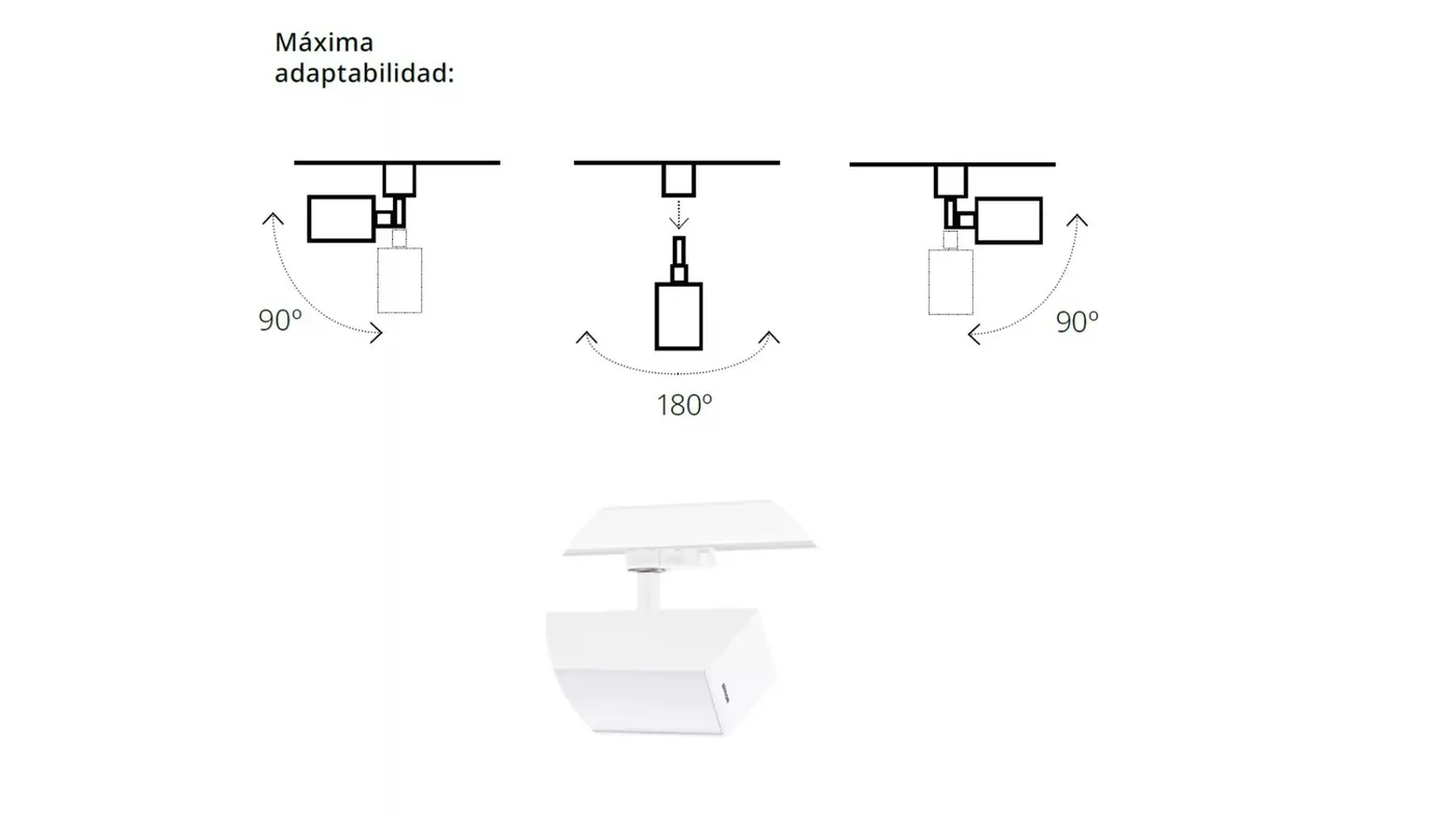 Technical diagram of Simon 818 track adapter showing 90° and 180° rotation and view of the adjustable adapter