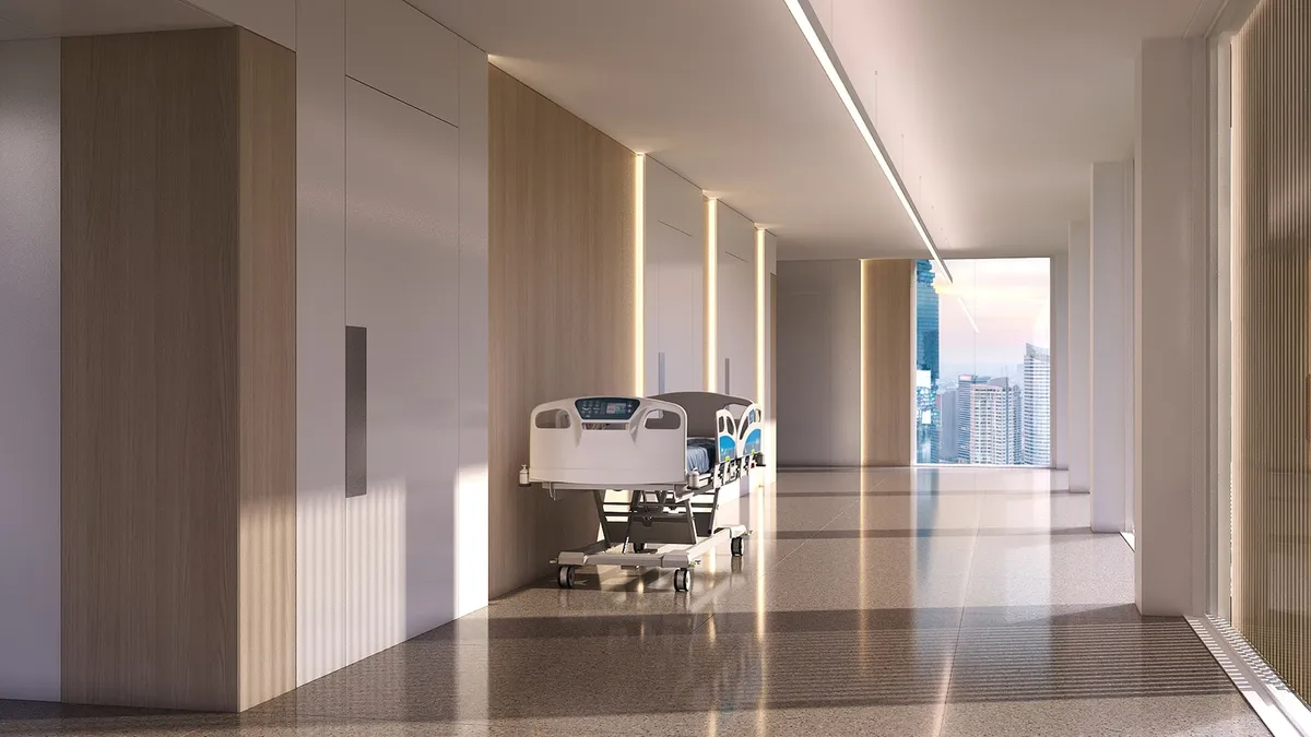 Hospital corridor with straight white Simon 860 (I trace) on ceiling