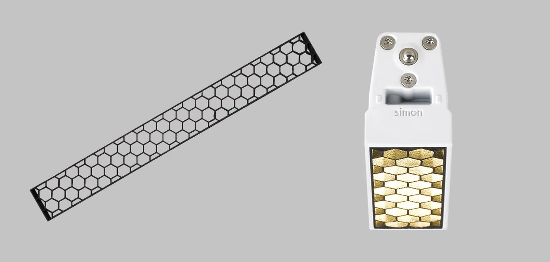 Simon 712 Low UGR accessory: black honeycomb grille and detail view with gold panel