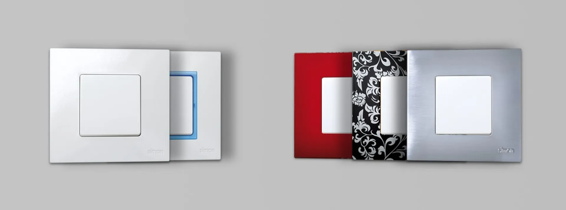 Simon 27 Play — five varied frames aligned on grey background (white, white with blue ring, red, comic, metal)