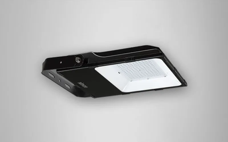 Simon 880 black industrial spotlight viewed from below showing the LED optic and compact housing