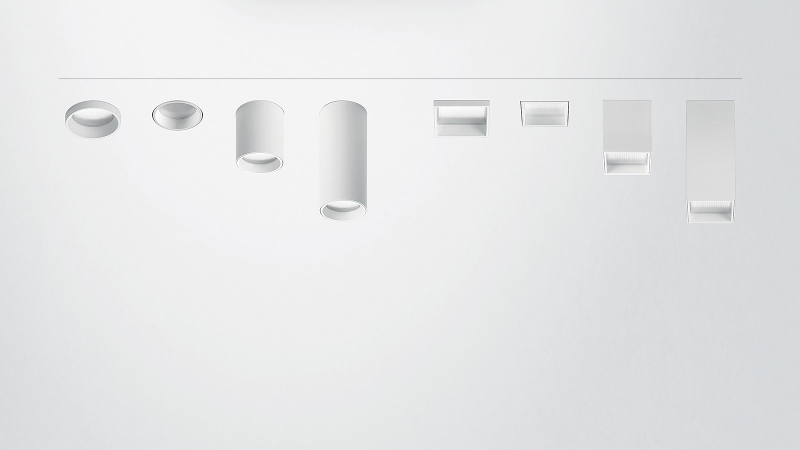 Gama Simon Arch — oito cilindros downlight (quadrados e redondos) alinhados sobre fundo cinzento