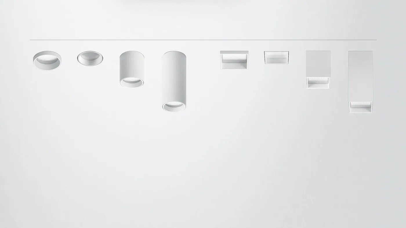 Gama Simon Arch — oito cilindros downlight (quadrados e redondos) alinhados sobre fundo cinzento