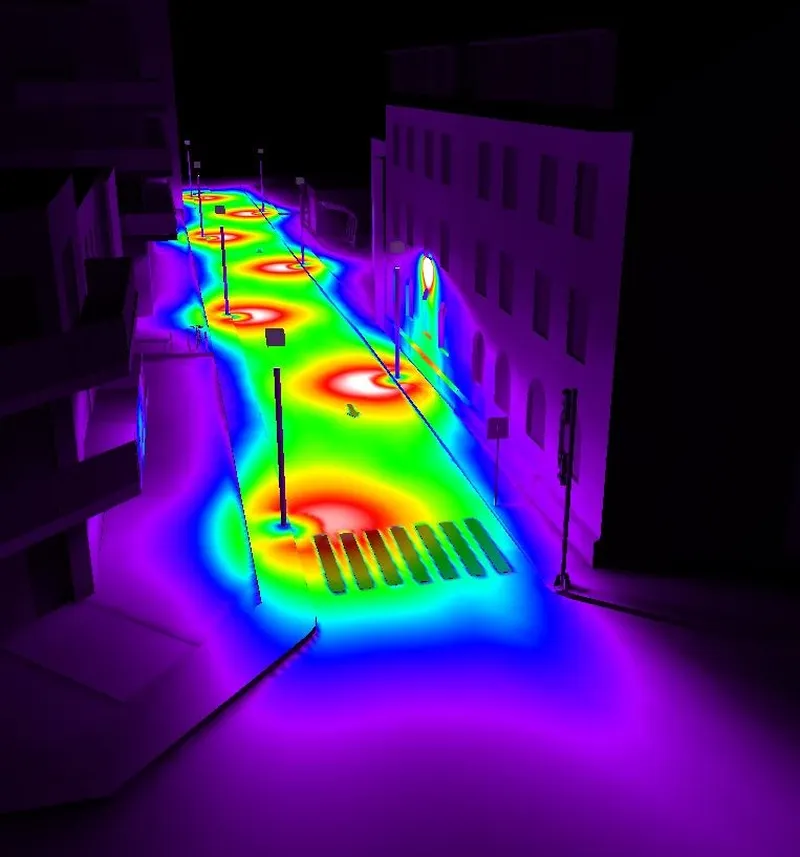 Render con falsos colores mostrando la distribución lumínica de Simon Praga M Basic en aplicación vial