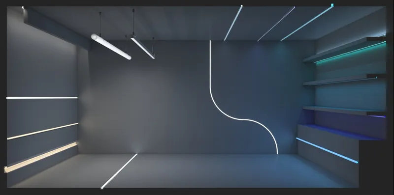Dark space with white and coloured light lines creating architectural strokes integrated into walls, ceiling and furniture