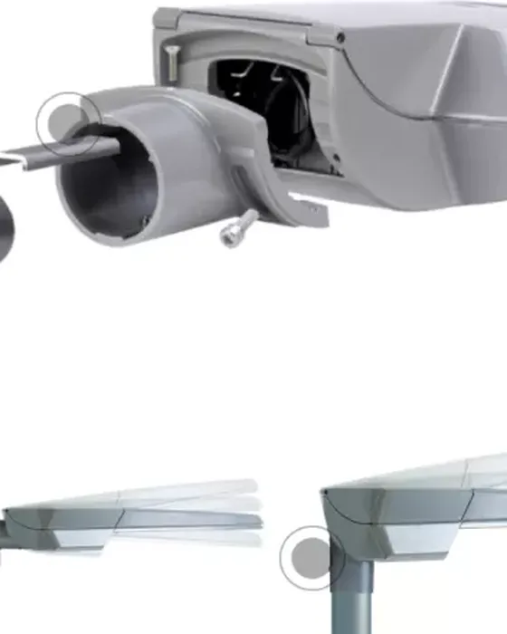 Post-top and lateral fixing system of the Simon Nath L luminaire for flexible installation