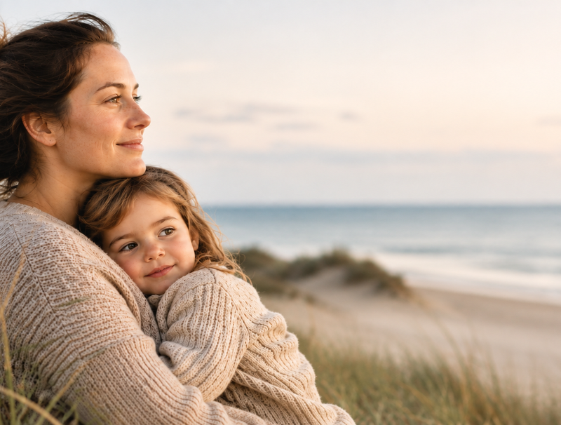 Eine Mutter sitzt mit ihrer Tochter am Strand und hält sie im Arm