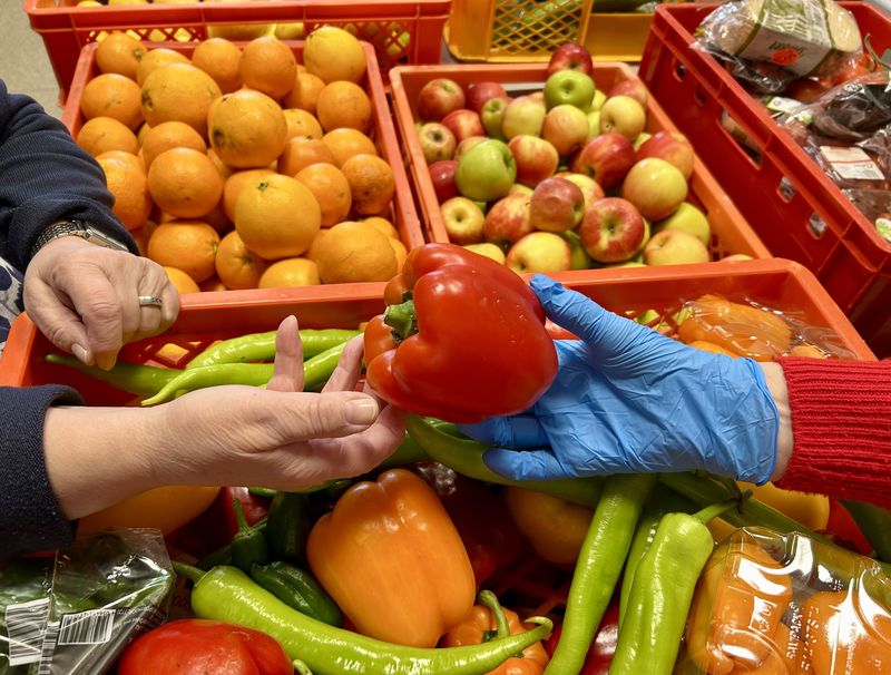 Zwei Hände mit einer Paprika über Gemüsekisten
