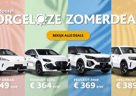 Promotional banner for Van Mossel's "Zorgeloze Zomerdeals" featuring lease prices for Kia Picanto, MG4 EV, Renault Clio, Peugeot 2008, Opel Frontera, and Volkswagen ID.4.